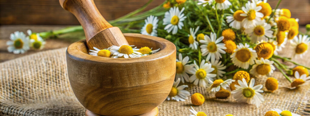 mortar and pestle with chamomile flowers